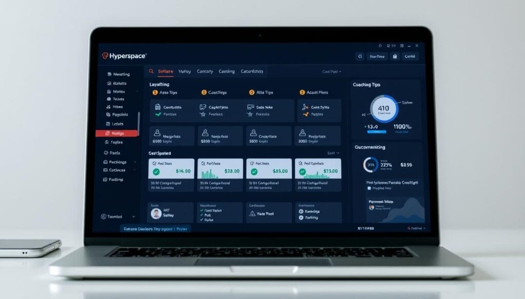 A sleek, modern software interface with the Hyperspace brand prominently displayed. The layout features a clean, minimalist design with intuitive menus and controls. The main dashboard showcases key sales metrics, coaching tips, and personalized recommendations. In the foreground, a laptop or desktop screen displays the interface, with a subtle reflection on the surface. The middle ground includes peripheral devices like a smartphone or tablet, adding to the cohesive technology-focused scene. The background has a neutral, slightly blurred backdrop, allowing the interface to be the focal point. The overall mood is professional, efficient, and visually appealing, reflecting the high-quality sales coaching experience.