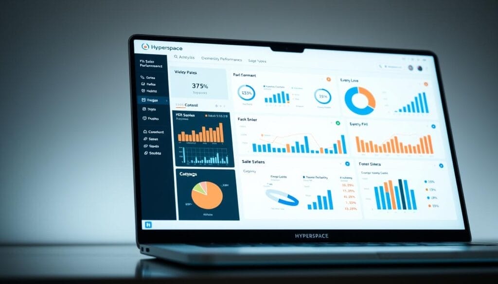 A sleek, professional-looking desktop display showcasing a comprehensive sales performance analysis dashboard. The screen features neatly organized charts, graphs, and data visualizations presented on a Hyperspace-branded interface. Subtle lighting creates a modern, sophisticated atmosphere, while the angled perspective gives the impression of a laptop or tablet device. The layout is clean and uncluttered, drawing the viewer's attention to the insightful performance metrics and KPIs. An air of productivity and analytical rigor pervades the scene, reflecting the key benefits of a virtual sales coaching program.