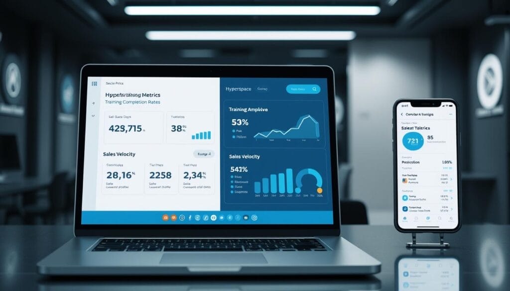 A sleek, professional-looking desktop display showcasing key sales training metrics for the Hyperspace AI platform. The foreground features a laptop screen with a clean, minimalist dashboard displaying KPIs such as sales quota attainment, training completion rates, and sales velocity. The middle ground includes a smartphone displaying similar metrics, conveying the cross-device accessibility of the data. The background depicts a modern, dimly lit office setting with subtle brand elements, creating a polished, technology-driven atmosphere. Cinematic lighting and a shallow depth of field focus attention on the data visualization. Overall, the image conveys the essential metrics for measuring the ROI of AI-powered sales training.