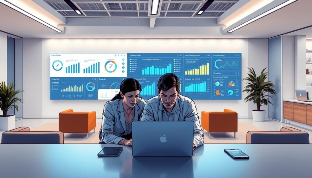 A sleek, professional-looking desktop display showcasing the Hyperspace sales performance AI platform. In the foreground, a team of dynamic sales representatives collaborating on a laptop, surrounded by sales analytics dashboards and KPI tracking tools. The middle ground features a large, high-resolution screen displaying insightful sales data visualizations and forecasting models. In the background, a minimalist office setting with clean lines, modern furniture, and subtle branding elements that convey the cutting-edge, technology-driven nature of the Hyperspace solution. Bright, directional lighting creates depth and highlights the sophisticated user interface. The overall scene exudes a sense of productivity, efficiency, and empowerment for the sales workforce.