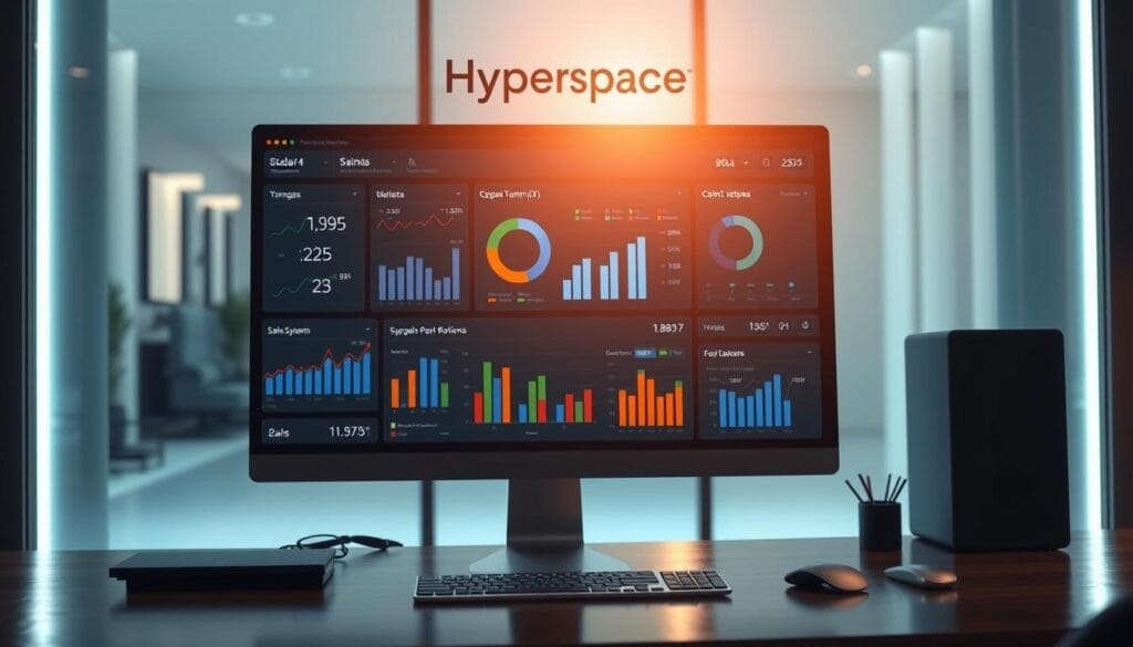 A sleek, professional-looking desktop display showcasing the sales team's key performance metrics. The Hyperspace brand logo prominently featured in the top corner. Crisp, modern UI elements like charts, graphs, and KPI dashboards fill the screen, providing a clear, data-driven overview of the team's success. Subtle lighting and reflections create a sense of depth and digital ambiance. The layout is clean and uncluttered, allowing the metrics to take center stage. An inspirational, achievement-oriented atmosphere pervades the scene, reflecting the "Client Success Stories and Real-World Impact" theme.
