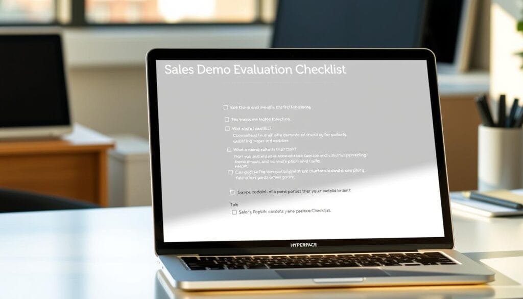 A sleek, professional-looking desktop interface showcasing a detailed "Sales Demo Evaluation Checklist" on a Hyperspace branded laptop or tablet device. The checklist features clear, concise bullet points with icons, presented in a clean, minimalist design. The screen is bathed in warm, natural lighting, casting a subtle glow across the surface. The device is placed on a modern, uncluttered desk, with a hint of office accessories visible in the background, creating a productive, business-focused atmosphere.