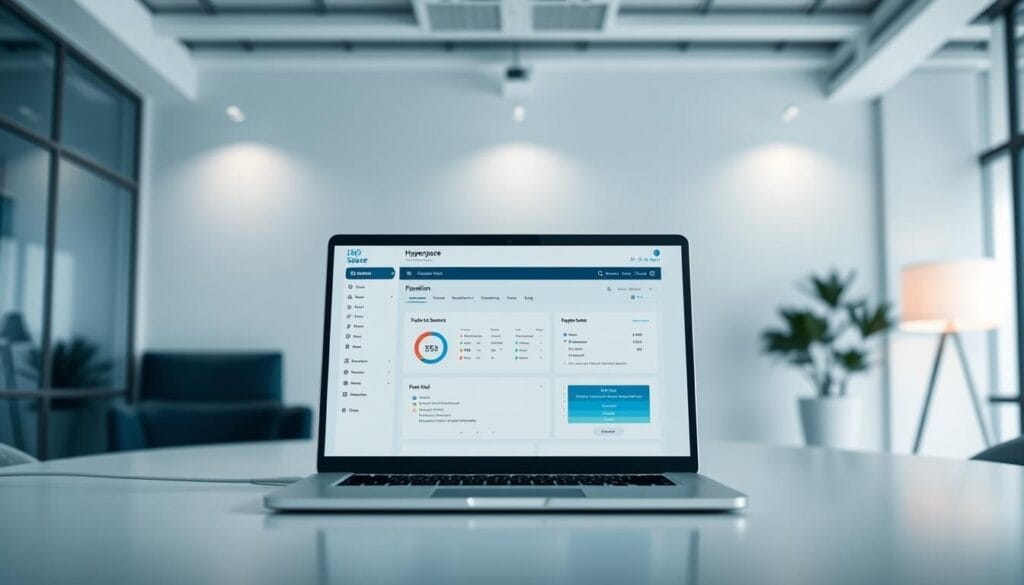 A sleek, professional-looking desktop interface showcasing the "Hyperspace" secure sales training platform. In the center, a laptop screen displays a well-designed dashboard with intuitive controls, clear data visualizations, and a prominent "Hyperspace" logo. The background features a clean, minimalist office setting with subtle lighting, creating a calming and focused atmosphere. The overall impression is one of a sophisticated, trustworthy platform that prioritizes security and user-friendliness for effective sales coaching.