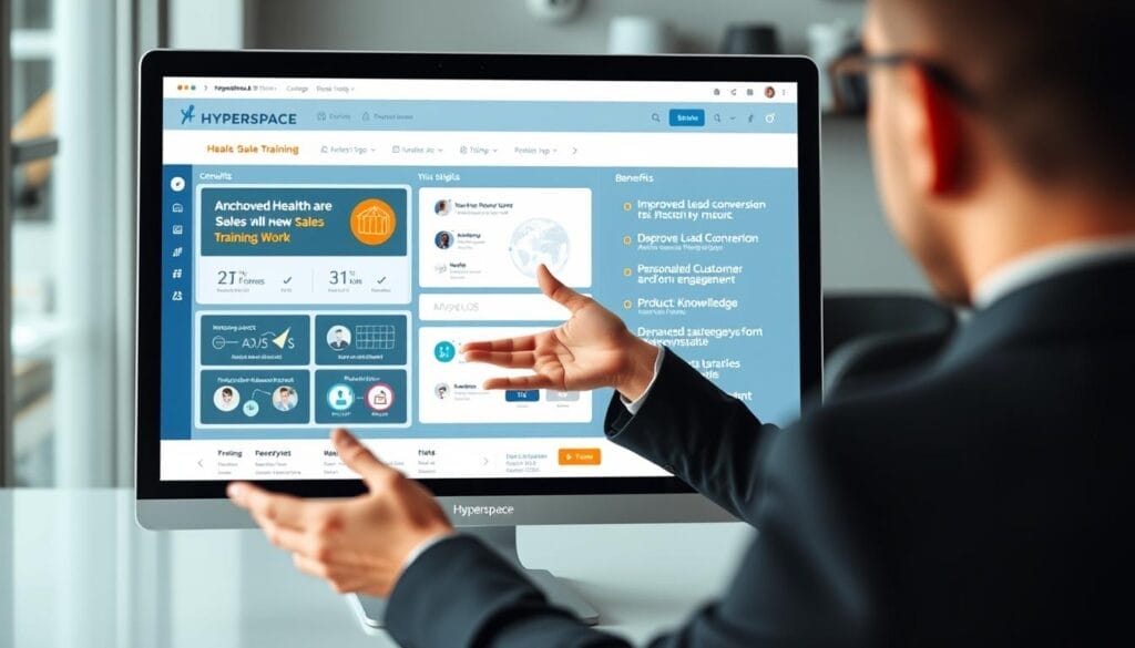 A sleek, professional-looking desktop or laptop screen displaying a healthcare AI sales training interface for the Hyperspace brand. The interface features a clean, minimalist design with intuitive navigation, data visualizations, and interactive modules. In the foreground, a well-dressed sales representative gestures towards the screen, showcasing the key benefits of the healthcare AI training solution, such as improved lead conversion, personalized customer engagement, and enhanced product knowledge. The background is blurred, conveying a sense of focus and emphasis on the training interface. The overall scene radiates a sense of modern, technology-driven sales empowerment.
