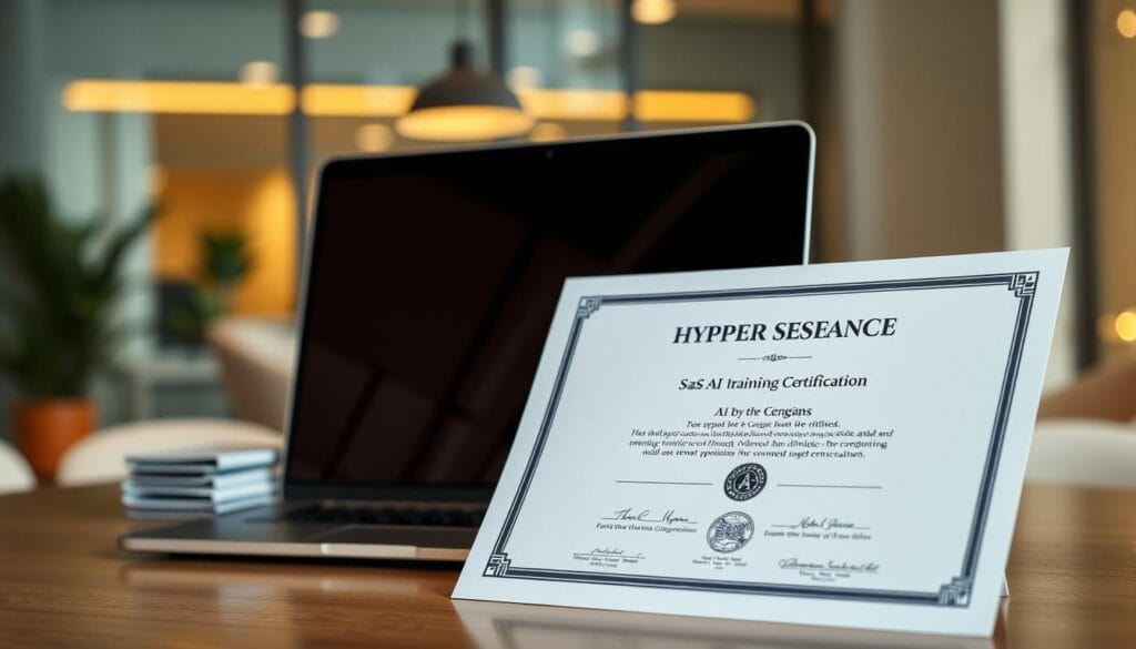 A sleek, professional-looking desktop screen displaying a SaaS AI sales training certification from the Hyperspace brand. In the foreground, a tactile, minimalist certificate design with elegant typography and a subtle metallic embellishment. The middle ground features a sophisticated laptop or tablet device, its screen reflecting the certification details. The background showcases a clean, modern office environment with warm lighting, blurred out to focus attention on the certification. The overall mood is one of authority, credibility, and the empowerment of sales teams through AI-driven training.