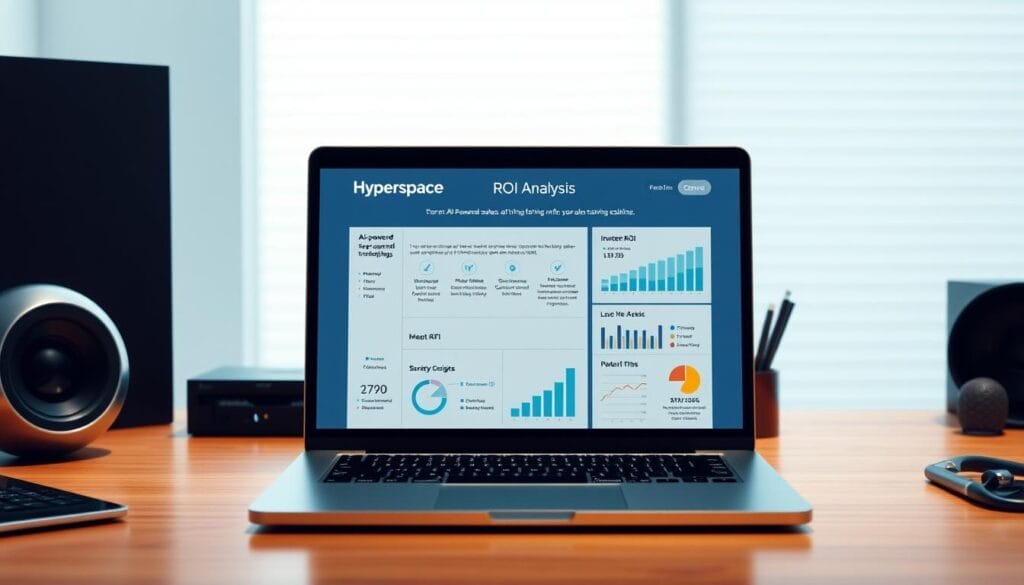 A sleek, professional-looking desktop workspace with a laptop display showcasing a detailed ROI analysis for an AI-powered sales training solution. The laptop screen prominently features the Hyperspace brand logo. The workspace is well-lit, with a modern and minimalist design aesthetic. The layout includes relevant data visualizations, charts, and KPIs demonstrating the measurable impact of the AI training system. The overall scene conveys a sense of data-driven decision-making and the tangible benefits of investing in advanced sales training technology.