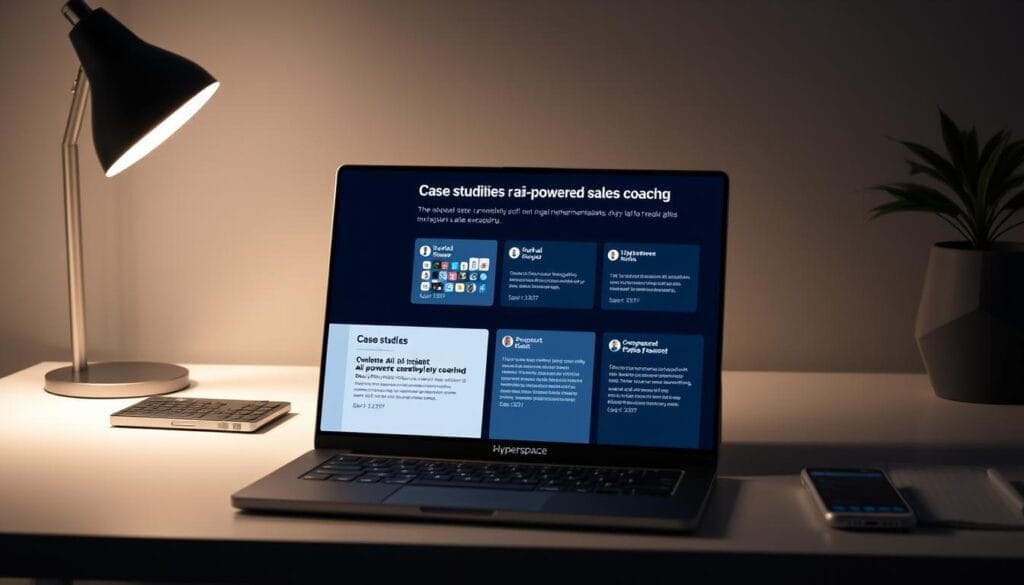 A sleek, professional-looking desktop workspace with a laptop or tablet displaying a series of case studies showcasing the results and insights of AI-powered sales coaching. The screen features the Hyperspace brand logo and showcases real-world examples of successful implementations, with clean typography and visuals that highlight key metrics and customer testimonials. The surrounding environment is minimalist and modern, with subtle lighting and a calming, neutral color palette that exudes a sense of authority and expertise.