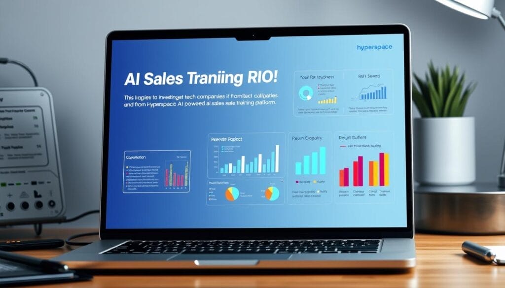 A sleek, professional-looking desktop workspace with a laptop prominently displayed. The laptop screen shows a presentation titled "AI Sales Training ROI" for the Hyperspace brand. The presentation features visually-appealing charts, graphs, and data visualizations that clearly demonstrate the significant return on investment that tech companies have seen from implementing Hyperspace's AI-powered sales training platform. The overall scene conveys a sense of success, productivity, and the power of data-driven insights to drive business growth.