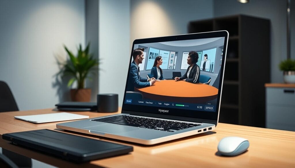 A sleek, professional-looking desktop workspace with a laptop prominently displayed. The laptop screen shows a Hyperspace-branded AI sales training roleplay simulation, featuring realistic-looking avatars engaged in a sales conversation. The room is well-lit, with soft, directional lighting creating depth and shadows. The overall atmosphere conveys a sense of productivity, collaboration, and technological innovation. The scene reflects the "Essential Features to Look for in AI Sales Training Solutions" section of the article.