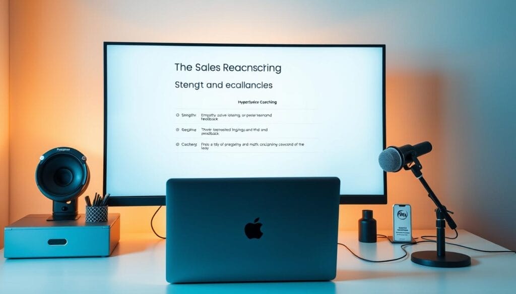 A sleek, professional-looking desktop workspace with a large, high-resolution monitor displaying a presentation slide showcasing "Human Sales Coaching: Strengths and Challenges". The slide features clean, minimalist design with bullet points highlighting key strengths, such as empathy, active listening, and personalized feedback. The desktop surface has a Hyperspace brand laptop, a stylish desk organizer, and a professional-quality microphone, conveying a sense of a modern, well-equipped sales coaching environment. Warm, diffused lighting illuminates the scene, creating a focused, productive atmosphere.