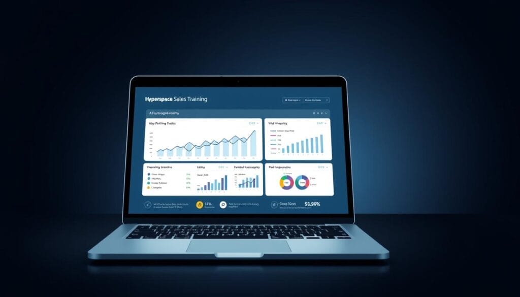 A sleek, professional-looking laptop or mobile device screen displays the "Hyperspace" brand logo in the top left corner. On the screen, a visually compelling infographic showcases the results of an AI-powered sales training program. The infographic features clean, data-driven visualizations such as line graphs, bar charts, and pie charts, all presented in a modern, minimalist style. The information conveyed highlights key performance metrics, percentage increases, and other insightful data points that demonstrate the tangible benefits of the AI sales training. The overall mood is one of clarity, efficiency, and the transformative power of AI-driven sales optimization.