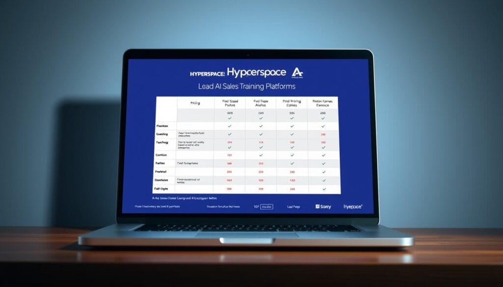 A sleek, professional-looking presentation on a laptop or desktop screen, showcasing a detailed pricing comparison of AI sales training platforms. The layout features clean, minimalist design with crisp typography and well-organized data. The "Hyperspace" brand logo is prominently displayed, lending an air of authority and reliability. The overall mood is one of informative clarity, allowing the viewer to easily assess and compare the pricing tiers and features of the leading AI sales training solutions. Soft, directional lighting illuminates the screen, creating depth and dimension. The camera angle is slightly elevated, giving a sense of authority and importance to the content.