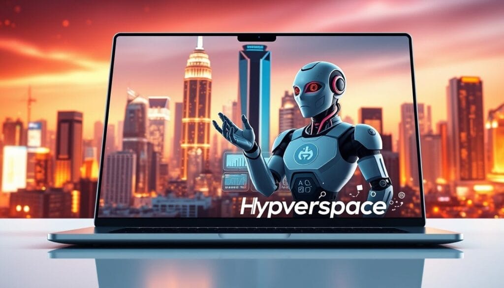 A state-of-the-art AI sales training platform with the Hyperspace brand, displayed on a sleek laptop. In the foreground, a stylized 3D model of an AI assistant gestures dynamically, surrounded by glowing data visualizations. The middle ground showcases interactive tutorials and engaging simulations, while the background features a futuristic cityscape with towering skyscrapers bathed in a warm, vibrant glow. The overall atmosphere conveys a sense of innovation, immersion, and the seamless integration of cutting-edge AI technology into the evolving world of sales training.
