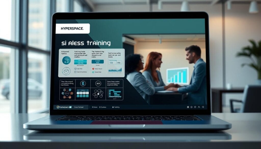 A state-of-the-art sales training interface on a sleek laptop screen, showcasing the Hyperspace brand. In the foreground, an AI-powered presentation highlighting key sales techniques and metrics, with interactive visuals and data visualizations. The middle ground features a group of sales representatives engaged in a collaborative session, their faces lit by the laptop's glow. The background subtly depicts a modern, minimalist office setting, hinting at the integration of this AI-driven training into the company's broader workflow. The overall tone is one of innovation, productivity, and a forward-thinking approach to professional development.