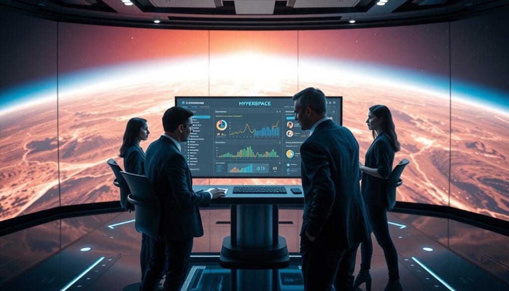 A state-of-the-art virtual training simulation for sales professionals, set against a sleek, futuristic Hyperspace interface. In the foreground, lifelike avatars engage in dynamic role-play scenarios, honing their negotiation skills and customer engagement techniques. The middle ground features a customizable dashboard, allowing coaches to monitor progress and provide real-time feedback. In the background, a vast, holographic landscape creates an immersive, high-tech atmosphere, inspiring a sense of innovation and technological advancement. Cinematic lighting and camera angles capture the energy and intensity of the training experience.