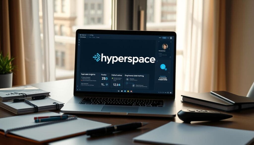 A stylish and minimalist desk setup with a sleek laptop displaying the Hyperspace logo, surrounded by various sales training materials such as notebooks, pens, and a presentation remote. The scene is illuminated by soft, natural lighting from a nearby window, creating a professional and productive atmosphere. The laptop's screen showcases a modern and intuitive sales training interface, hinting at the AI-powered features and insights available to remote sales teams. The overall composition conveys a sense of efficiency, collaboration, and the power of technology-driven sales coaching.