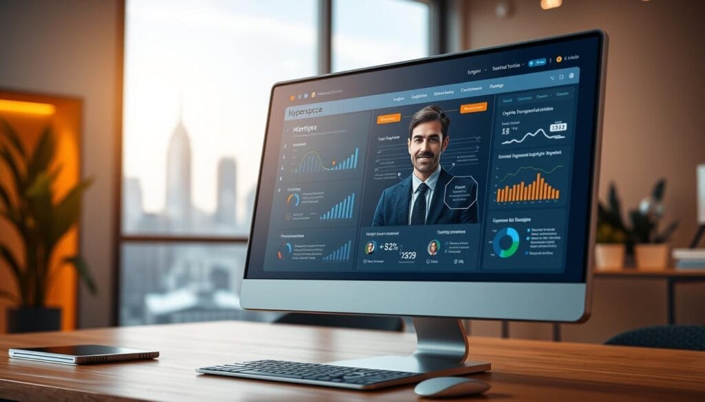 A stylish and modern desktop computer screen displaying a sleek "Hyperspace" branded AI sales training platform interface. The interface features clean typography, intuitive menus, and vibrant data visualizations. In the foreground, a professional-looking avatar guides the user through a comprehensive sales training module. The background showcases a minimalist office setting with warm lighting and a blurred city skyline visible through the window. The overall mood is one of sophisticated technology, productivity, and a seamless integration of AI-powered sales training into the healthcare organizational workflow.