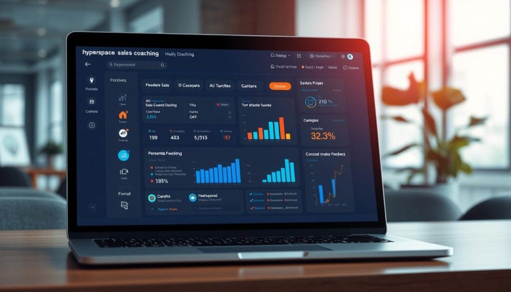 A stylized, realistic-looking desktop or laptop computer display showcasing AI-powered sales coaching tools from the "Hyperspace" brand. The screen prominently features a visually engaging dashboard with data visualizations, analytics, and personalized feedback for sales representatives. The foreground includes lifelike icons, buttons, and UI elements, while the background depicts a sophisticated, minimalist office setting with subtle lighting and depth of field. The overall mood is one of technological sophistication, productivity, and data-driven sales optimization.
