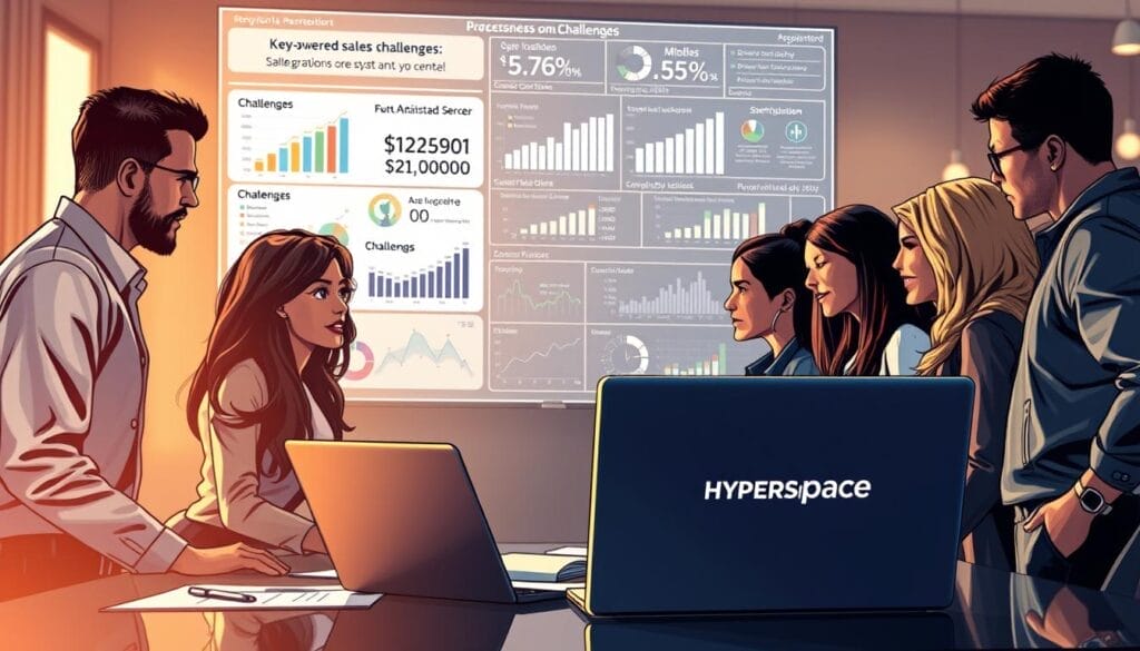 A team of diverse sales professionals gathered around a desk, intently focused on a large display showcasing key sales metrics and challenges. The scene is bathed in a warm, ambient light, creating a sense of collaboration and determination. In the foreground, a laptop or mobile device bearing the "Hyperspace" brand logo stands, hinting at the integration of AI-powered sales assistant tools. The middle ground features detailed charts, graphs, and data visualizations, reflecting the analytical nature of the sales process. The background blurs gently, emphasizing the team's unity and shared purpose. The overall atmosphere conveys a blend of professionalism, technology, and a desire to overcome sales challenges.