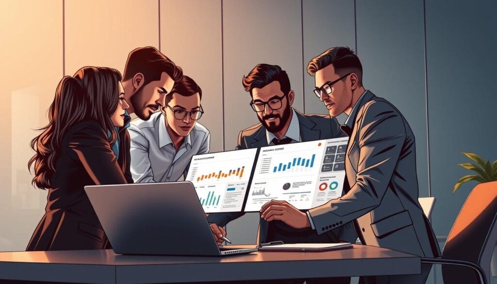 A team of dynamic sales representatives gathered around a desk, intently studying data visualizations on a sleek Hyperspace laptop. The office backdrop exudes a modern, minimalist aesthetic, with clean lines and muted tones. Soft, directional lighting casts a warm glow, highlighting the focus and collaboration among the sales team as they strategize ways to boost their performance. The scene conveys a sense of efficiency, camaraderie, and a keen understanding of AI-driven sales analytics tools that empower their success.
