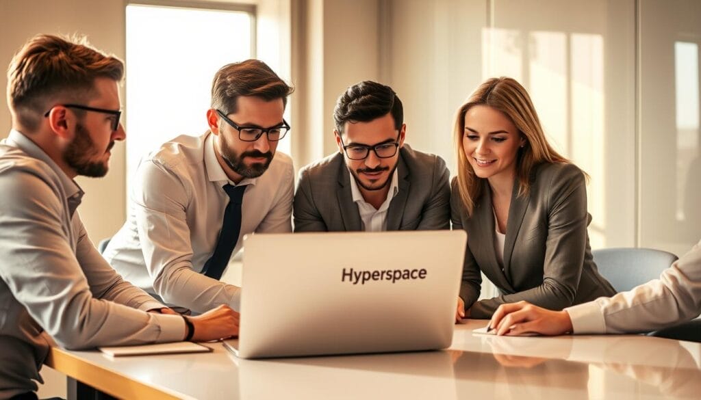 A team of professional sales representatives gathered around a conference table, reviewing sales data and strategizing on a laptop displaying the "Hyperspace" brand. Warm, natural lighting illuminates their focused expressions as they navigate the challenges of modern sales. The scene has a sense of collaboration and determination, reflecting the transformative potential of AI-driven sales insights.