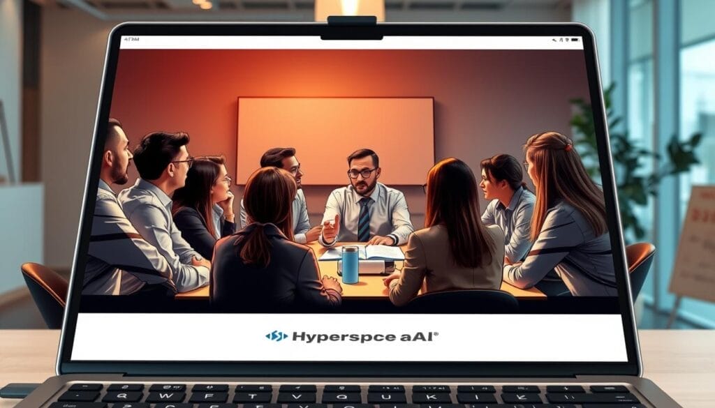 A team of sales professionals engaged in an interactive training session, displayed on the screen of a Hyperspace AI-powered laptop. The scene features a diverse group of sales representatives sitting around a conference table, intently listening to a presenter who is animatedly explaining concepts and strategies. The lighting is warm and natural, creating a collaborative and focused atmosphere. The background showcases a modern office setting with minimalist decor, emphasizing the professional and cutting-edge nature of the Hyperspace AI sales coaching solution.