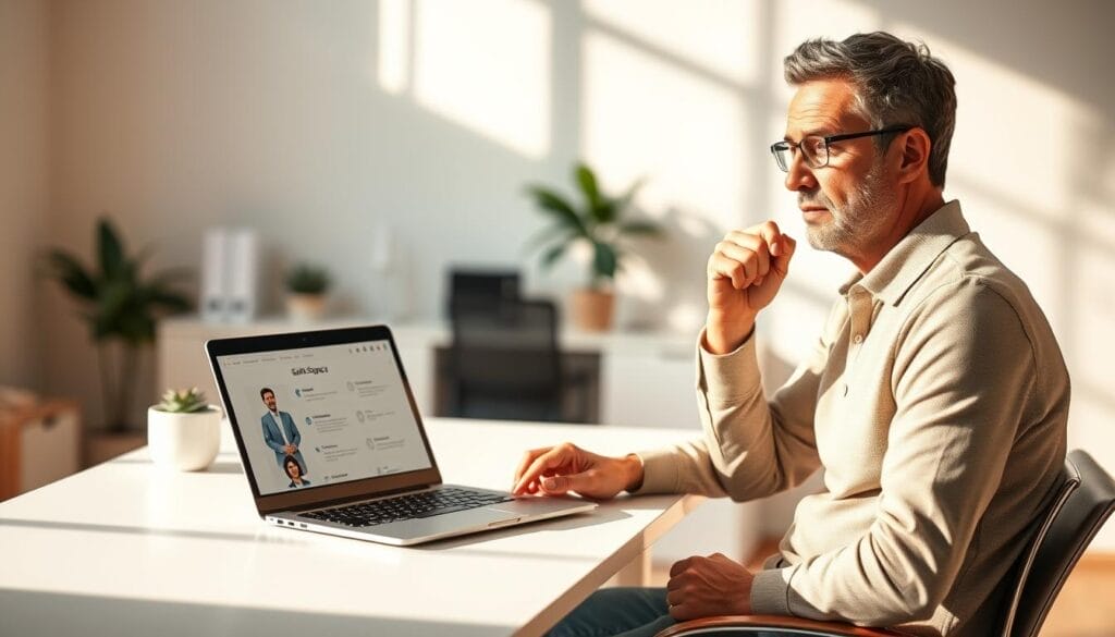 A thoughtful, empathetic sales coach sits at a sleek, minimalist desk, their expression exuding emotional intelligence as they guide a client through a sales strategy session on a Hyperspace laptop. The scene is bathed in warm, natural lighting, creating a calming, focused atmosphere. The coach's body language and gaze convey a deep understanding of the client's needs, fostering a collaborative, supportive dynamic. In the background, a clean, uncluttered office space hints at the coach's professionalism and dedication to their craft.