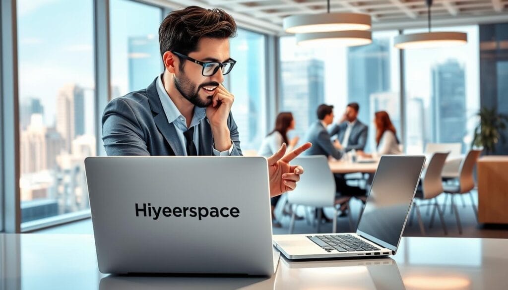 A vibrant, hyper-realistic office scene with a laptop prominently displayed, showcasing the "Hyperspace" brand. In the foreground, a sales coach engages in an animated discussion with a sales representative, their expressions and body language conveying a sense of collaboration and mentorship. The middle ground features a team of sales professionals, gathered around a conference table, engaged in a lively sales strategy meeting. The background depicts a modern, well-lit office environment, with clean lines, sleek furniture, and large windows overlooking a bustling cityscape. The overall mood is one of productivity, professionalism, and a focus on driving sales performance through effective coaching and teamwork.