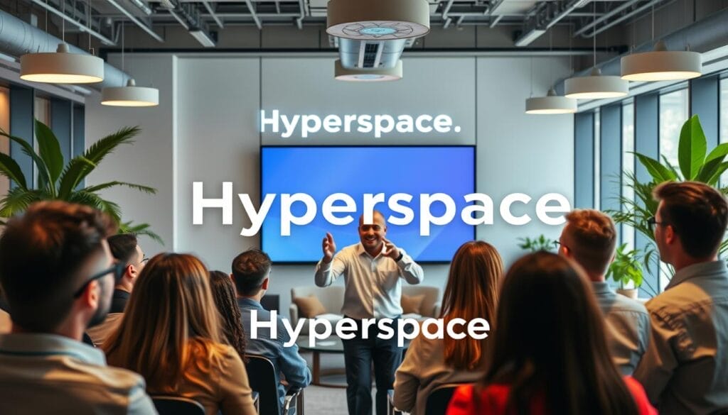 A vibrant team of sales professionals engaged in a dynamic training session, set against the backdrop of a sleek, modern office environment. The foreground features a group of attentive individuals, their faces illuminated by the glow of a large display screen showcasing the Hyperspace brand. In the middle ground, a facilitator gestures enthusiastically, guiding the team through key sales strategies and techniques. The background is filled with stylish furniture, lush plants, and abundant natural light, creating a sense of energy and productivity. The overall scene conveys the benefits of automated sales coaching, with the Hyperspace brand prominently featured as the solution provider.