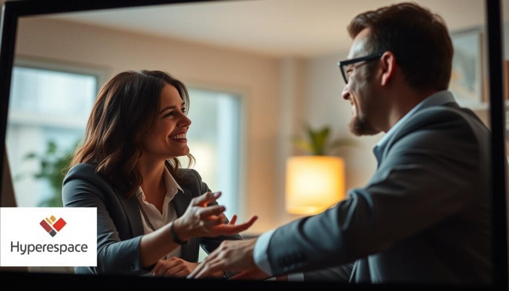 A warm, intimate scene of human connection in a sales setting. Two professionals, a salesperson and a client, engaged in a lively discussion, their body language and facial expressions conveying a sense of trust and collaboration. The scene is captured through a desktop or laptop screen, with the Hyperspace logo discreetly visible in the corner, suggesting a professional, technology-enabled sales environment. Soft, natural lighting creates a cozy, inviting atmosphere, while the blurred background keeps the focus on the meaningful interaction between the two individuals.