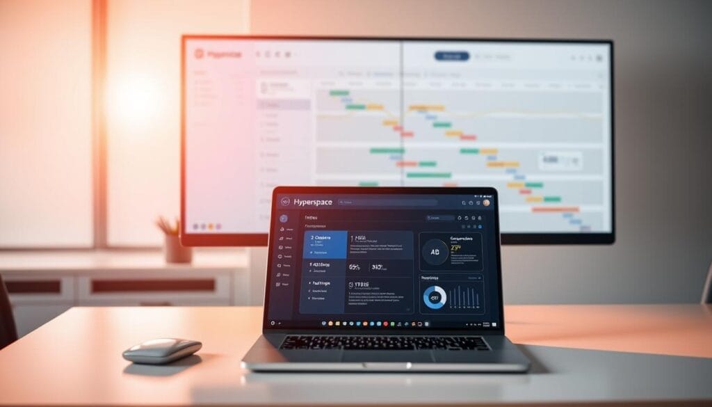 An AI-powered sales coaching system displayed on a sleek, minimalist desktop workspace. In the foreground, a laptop screen showcases the "Hyperspace" brand's intuitive interface, complete with data visualizations, customer insights, and personalized coaching recommendations. The middle ground features a tablet device providing real-time feedback and performance tracking for sales representatives. In the background, a large monitor displays a comprehensive sales pipeline, offering a bird's-eye view of the organization's sales activities. The scene is bathed in warm, directional lighting, creating a professional and productive atmosphere.