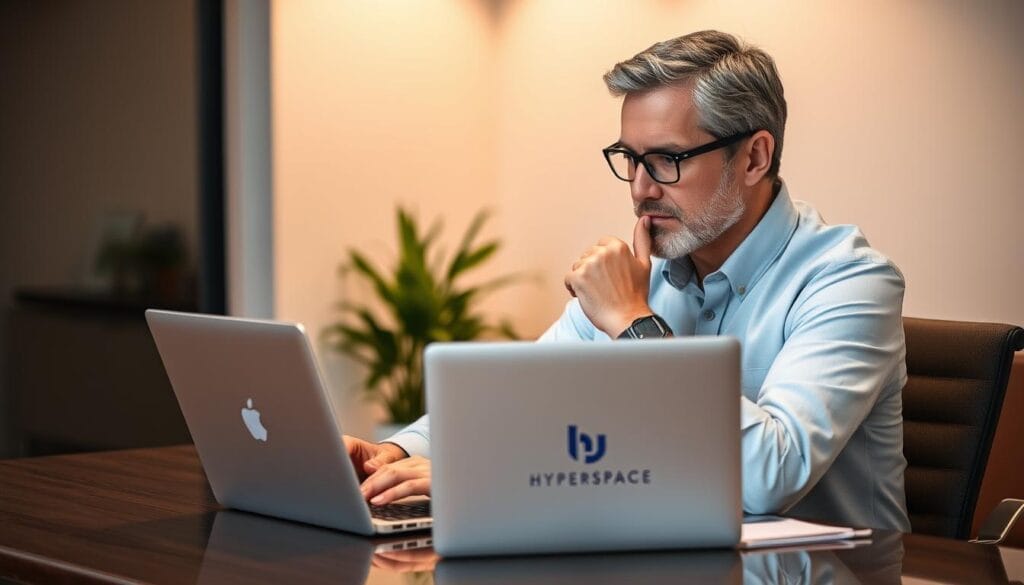 An AI sales coach sitting at a desk, reviewing performance data on a Hyperspace-branded laptop. The coach has a thoughtful expression, considering feedback to provide. The desk is neat, with a stylized Hyperspace logo visible. The room is well-lit, with soft, warm lighting and a sense of professionalism. The background is blurred, placing the focus on the coach and their work. The overall mood is one of diligent analysis, with the Hyperspace branding conveying a sense of cutting-edge technology applied to sales optimization.