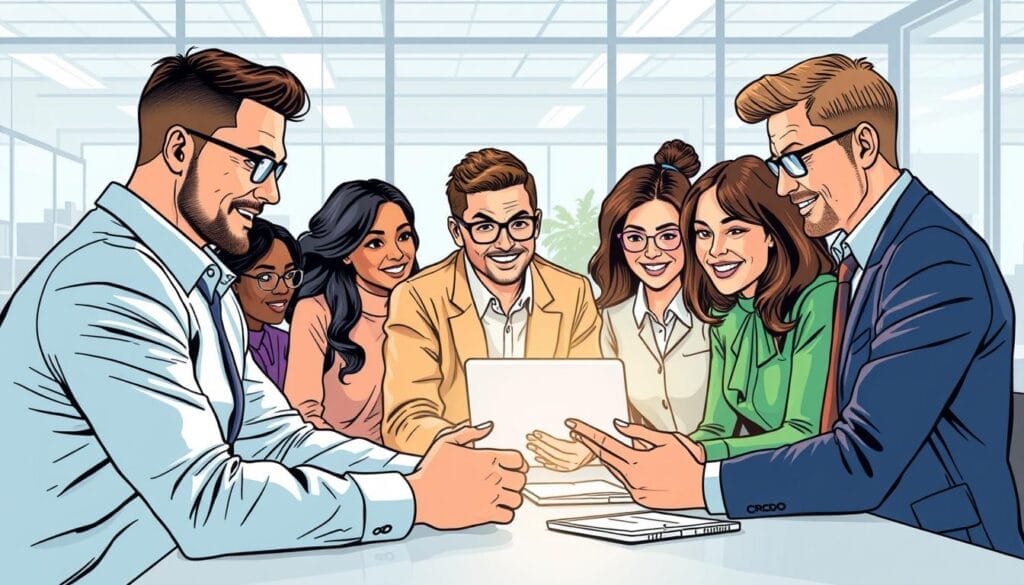 Create an image of a sales team training with interactive software