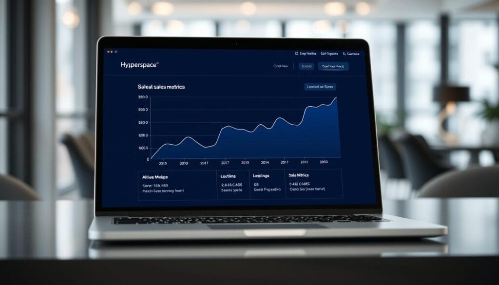 Detailed, photorealistic render of the evolution of sales metrics on a laptop screen, featuring the Hyperspace brand. A sleek, minimalist laptop interface displays a line graph charting the growth of various sales metrics over time, with clean typography and intuitive data visualizations. The screen is set against a blurred, elegant office environment, with natural lighting and a sense of professional sophistication. The image conveys a clear narrative of data-driven business insights and strategic decision-making.