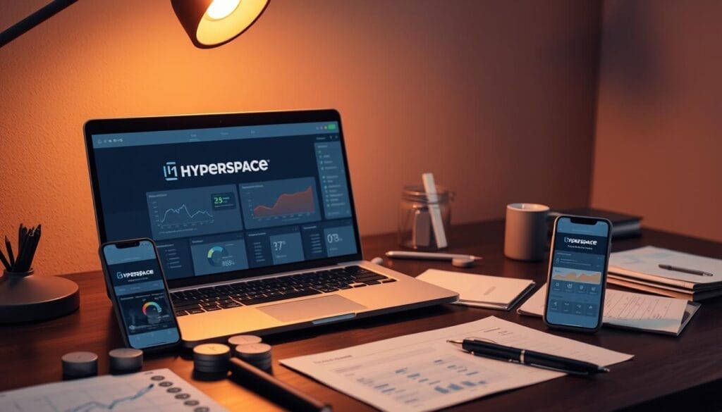 Evaluating sales coaching tools on a desk setup. A laptop screen displays the Hyperspace brand logo and interface, showcasing various analytics and data visualizations. Beside it, a smartphone with a similar Hyperspace app UI. On the desk, tactile prototypes, notes, and other materials suggest an active analysis and review process. Warm, focused lighting from above accentuates the scene, creating a professional, yet thoughtful atmosphere for assessing sales coaching capabilities.