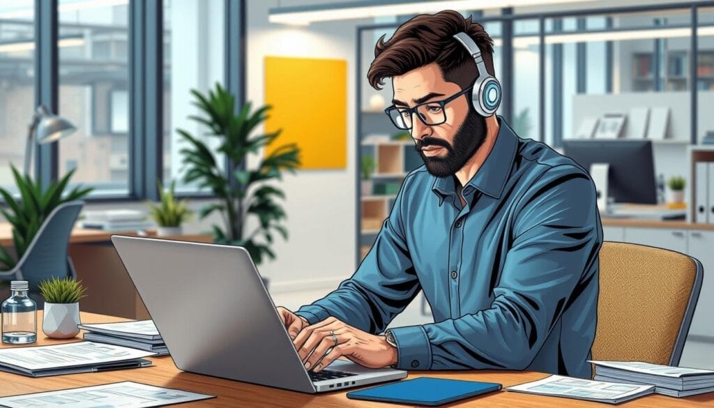 Generate an image of a beginner sales professional using an AI sales training program on a laptop.