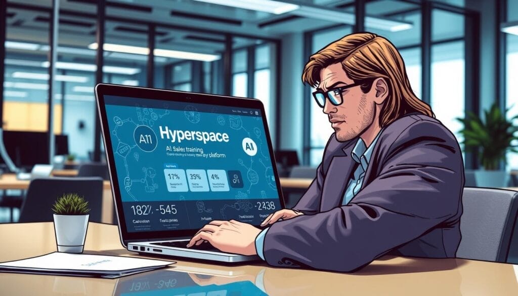 Generate an image of a business professional using a laptop with the Hyperspace AI sales training platform on the screen.