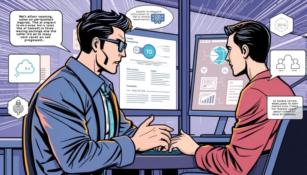 Generate an image of a futuristic sales mentoring platform with AI-driven insights and personalized coaching.