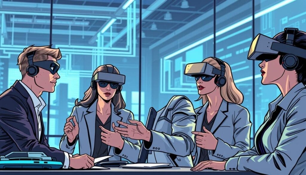 Generate an image of a futuristic sales team training session with AI-powered tools and virtual reality