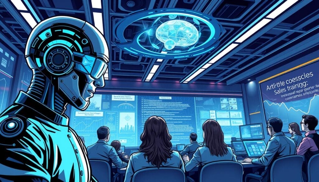 Generate an image of a futuristic sales training environment where AI and human coaching blend seamlessly.