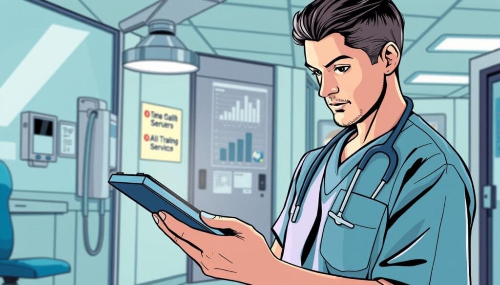 Generate an image of a healthcare professional using a tablet with an AI sales training interface.