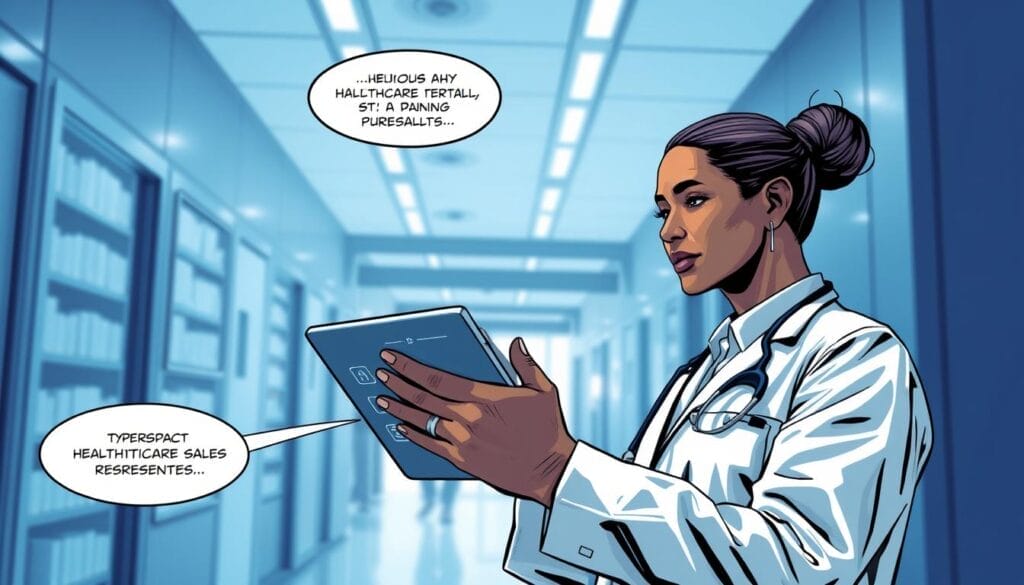 Generate an image of a healthcare sales representative using a tablet with Hyperspace's AI sales training platform on the screen.