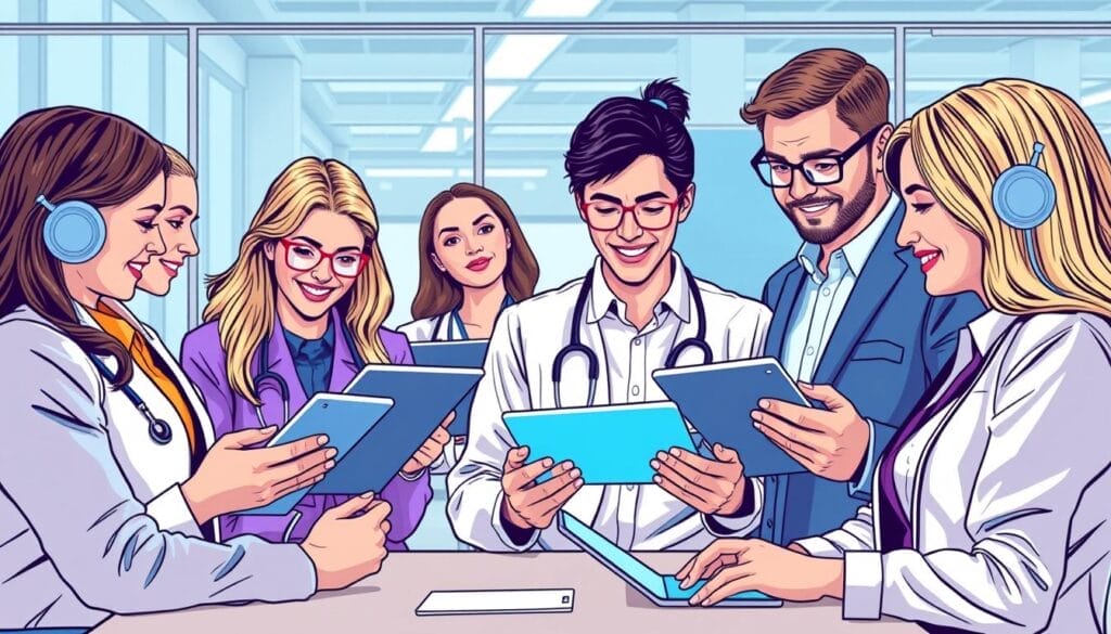 Generate an image of a healthcare sales team using AI-powered training on their tablets