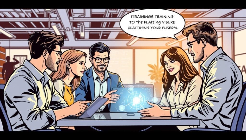 Generate an image of a modern sales team training with Hyperspace's AI-powered platform
