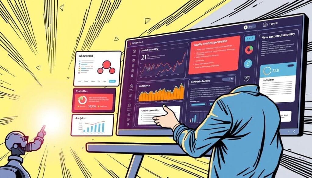 Generate an image of a modern sales training interface with AI-driven analytics and automated content generation.