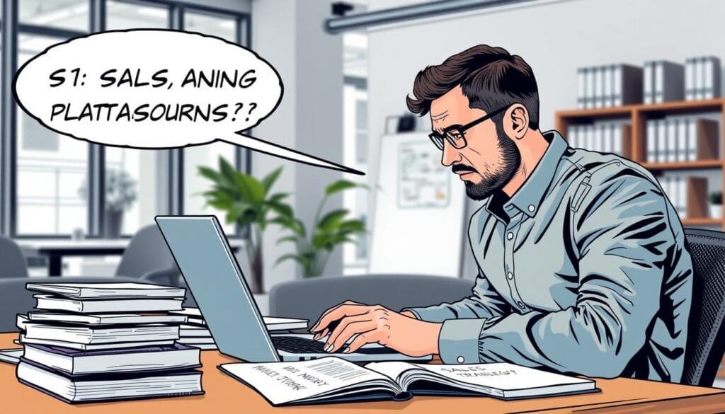 Generate an image of a person researching AI sales training platforms on a laptop