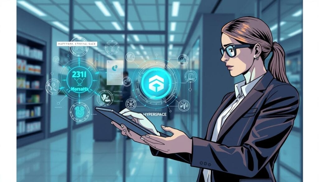 Generate an image of a pharmaceutical sales representative using the Hyperspace platform on a tablet, with a futuristic AI interface.