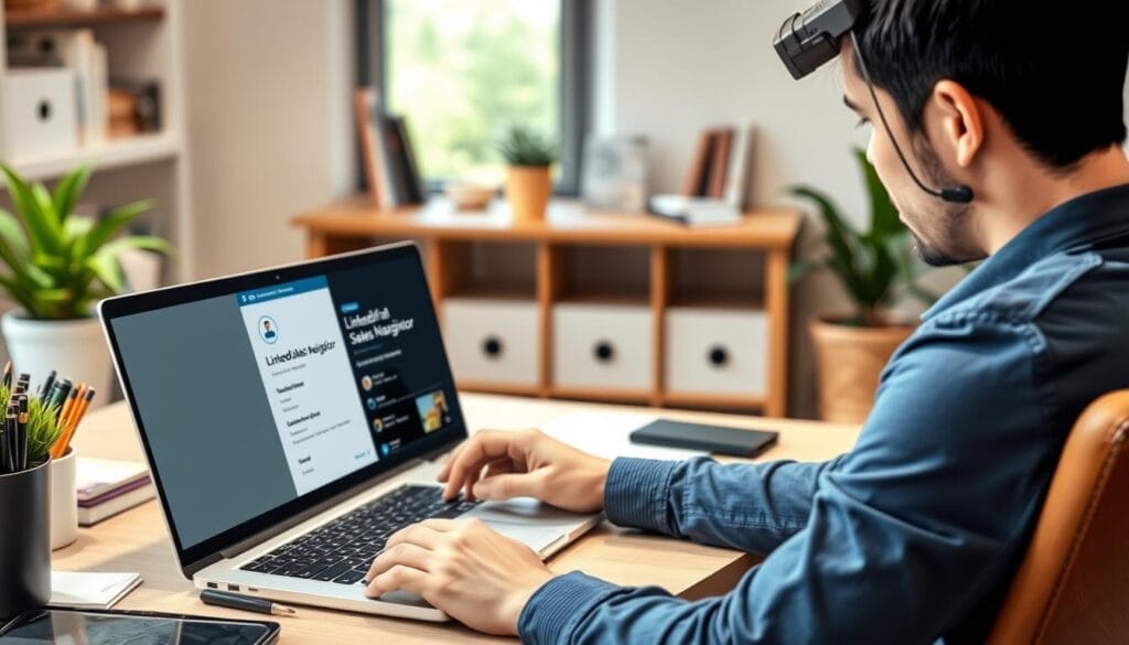 Generate an image of a professional taking an online course on a laptop with LinkedIn Sales Navigator on the screen.