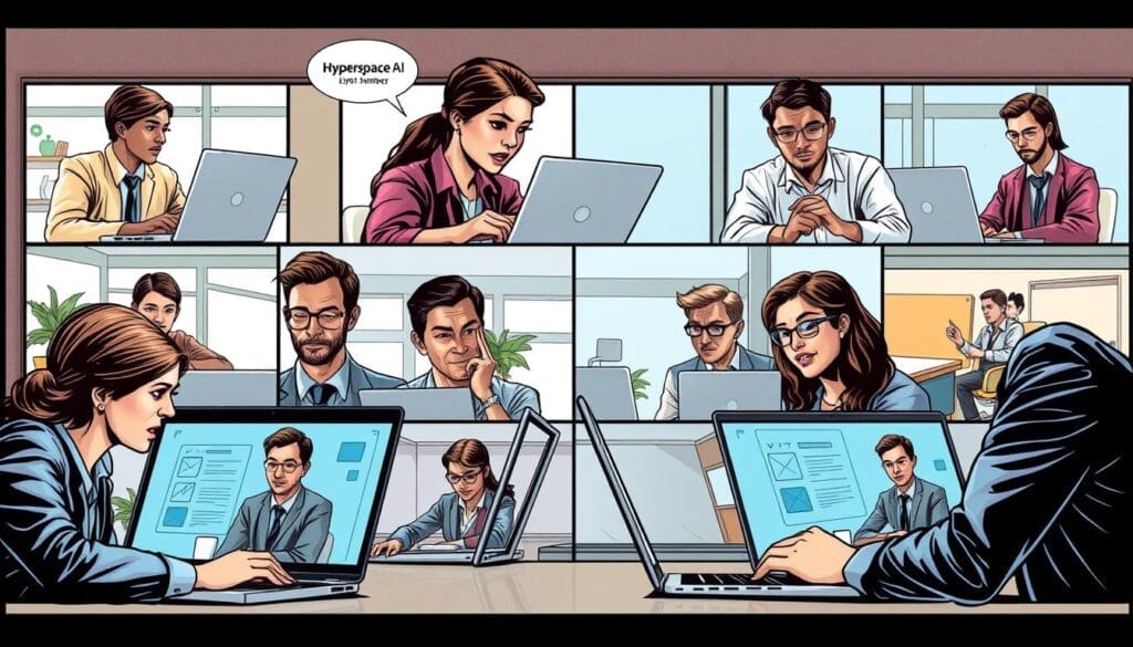 Generate an image of a remote sales team using Hyperspace AI sales training platform on their laptops