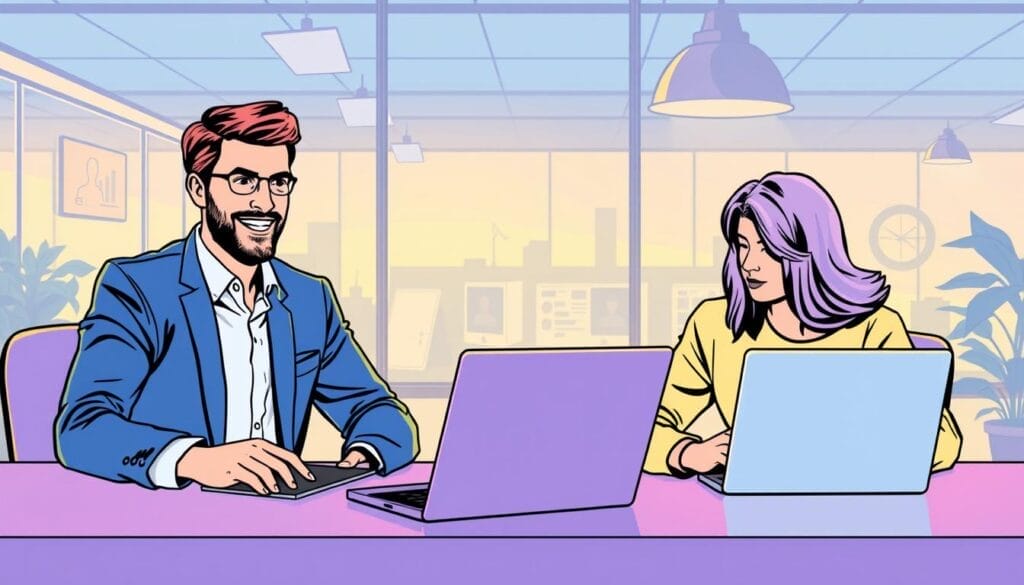 Generate an image of a remote sales team using Hyperspace's AI training platform on their laptops.